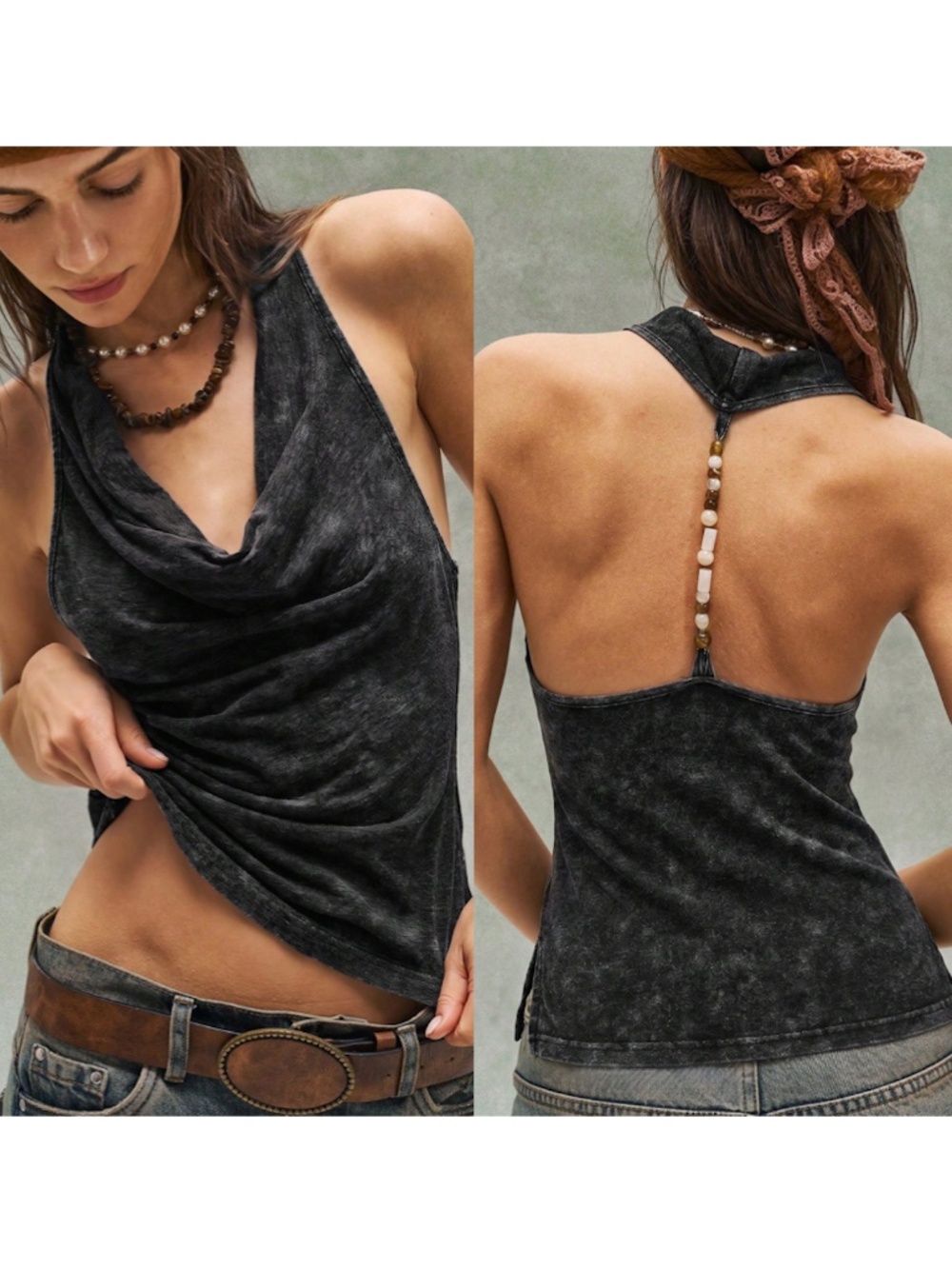 Cotton Blend Black Halter Neck Top Beaded Back Strap Draped Front